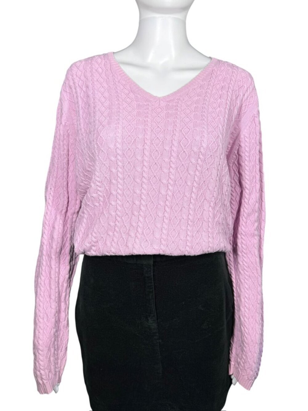 Valerie Steven’s Vintage Pink Cable Knit V-neck Cotton Sweater Size XL